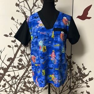 A&A Style Scrubs Halloween Cartoon Blue Scrub Top (T-Shirt) $25
